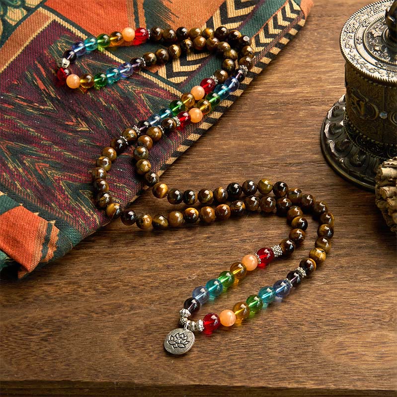 Buddha Stones 108 Koraliki Mala Naturalne Kamień Tygrysie Oko Kolorowe Koraliki Bransoletka Ochronna Lotosu