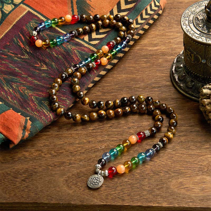 Buddha Stones 108 Koraliki Mala Naturalne Kamień Tygrysie Oko Kolorowe Koraliki Bransoletka Ochronna Lotosu