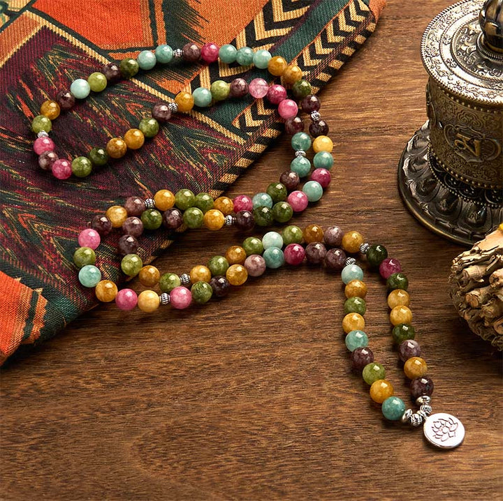Buddha Stones 108 Koraliki Mala Wielowarstwowa Naturalna Bransoletka Turmalin Lotos Mądrość