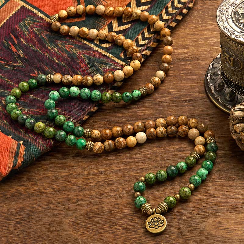 Buddha Stones 108 Koraliki Mala Naturalny Kamień Obraz Jaspis Turkusowy Lotos Pozytywna Bransoletka