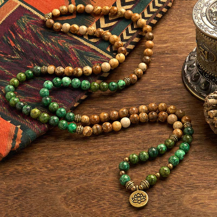 Buddha Stones 108 Koraliki Mala Naturalny Kamień Obraz Jaspis Turkusowy Lotos Pozytywna Bransoletka