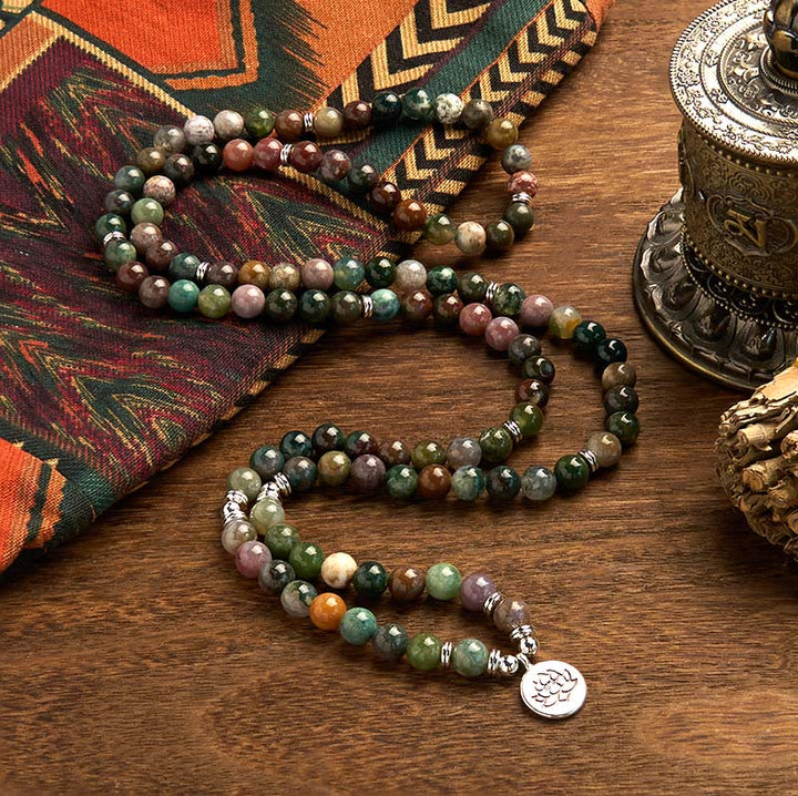 Buddha Stones 108 Koraliki Mala Naturalny Kamień Indyjski Agat Lotus Spokój Bransoletka