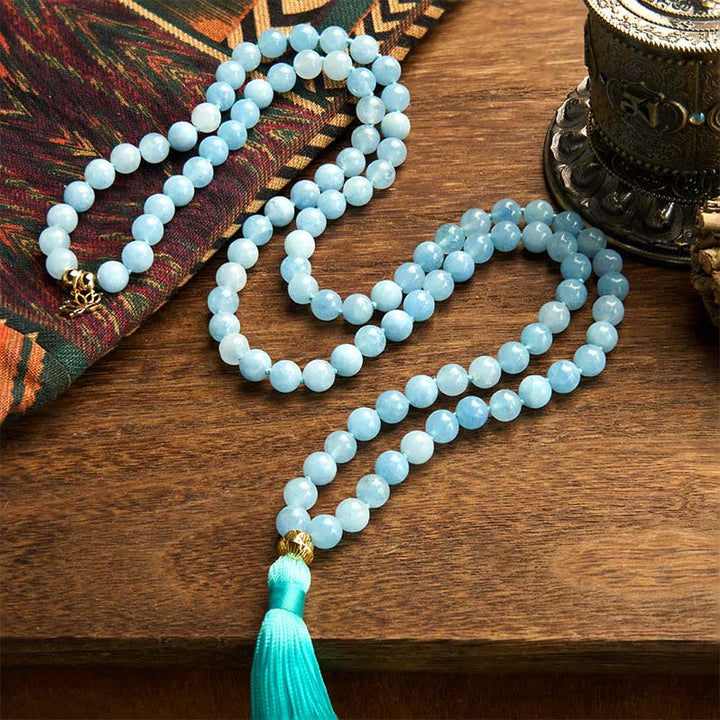 Buddha Stones 108 Mala Koraliki Naturalny Kamień Akwamaryn Tassel Lotus Healing Bransoletka
