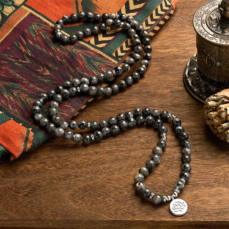 Buddha Stones 108 Koraliki Mala Wielowarstwowe Naturalne Czarne Błyszczące Kamień Bransoletka Lotus Positivity