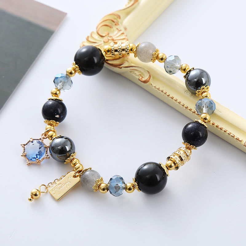 Bransoletka Buddha Stones Natural Black Obsidian Hematyt Blue Sandstone Strength