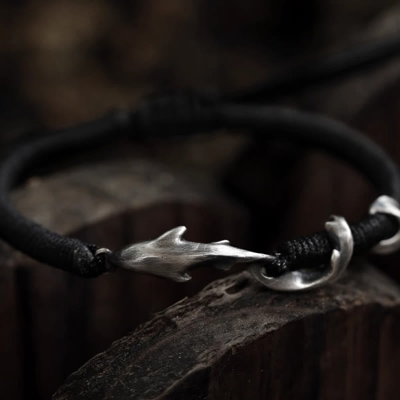 Bransoletka ochronna z Buddha Stones 999 ze srebra próby 925 z rekinem w kolorze czarnym - Woskowa lina ze srebra próby 999 (obwód nadgarstka: 13-22 cm) - image 0