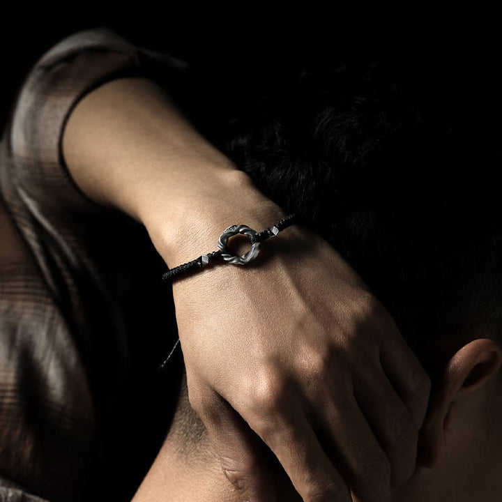 Bransoletka ochronna Buddha Stones ze srebra próby 999 Peace Buckle z czarnej woskowanej liny - image 15