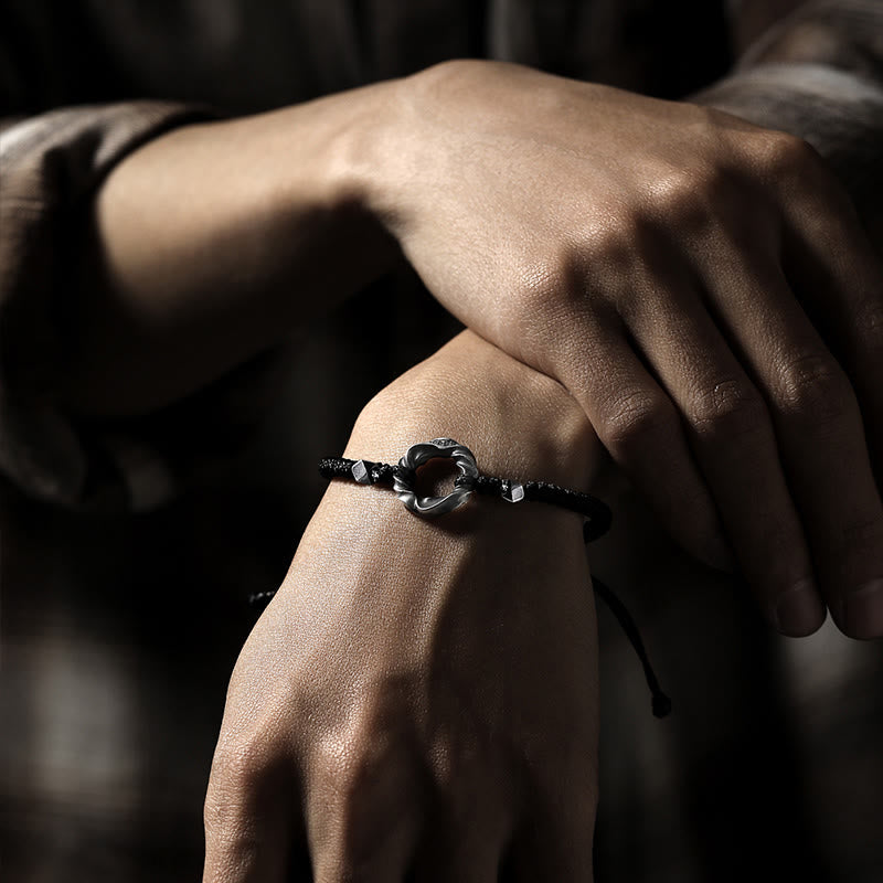 Bransoletka ochronna Buddha Stones ze srebra próby 999 Peace Buckle z czarnej woskowanej liny - image 17