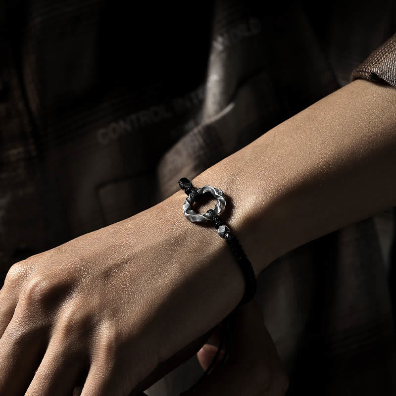 Bransoletka ochronna Buddha Stones ze srebra próby 999 Peace Buckle z czarnej woskowanej liny - image 4