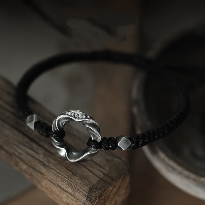 Bransoletka ochronna Buddha Stones ze srebra próby 999 Peace Buckle z czarnej woskowanej liny - image 3