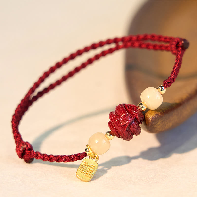 Buddha Stones Naturalny Cynober Chiński Zodiak Hetian Jade Fu Charakter Szczęścia Bransoletka Lina