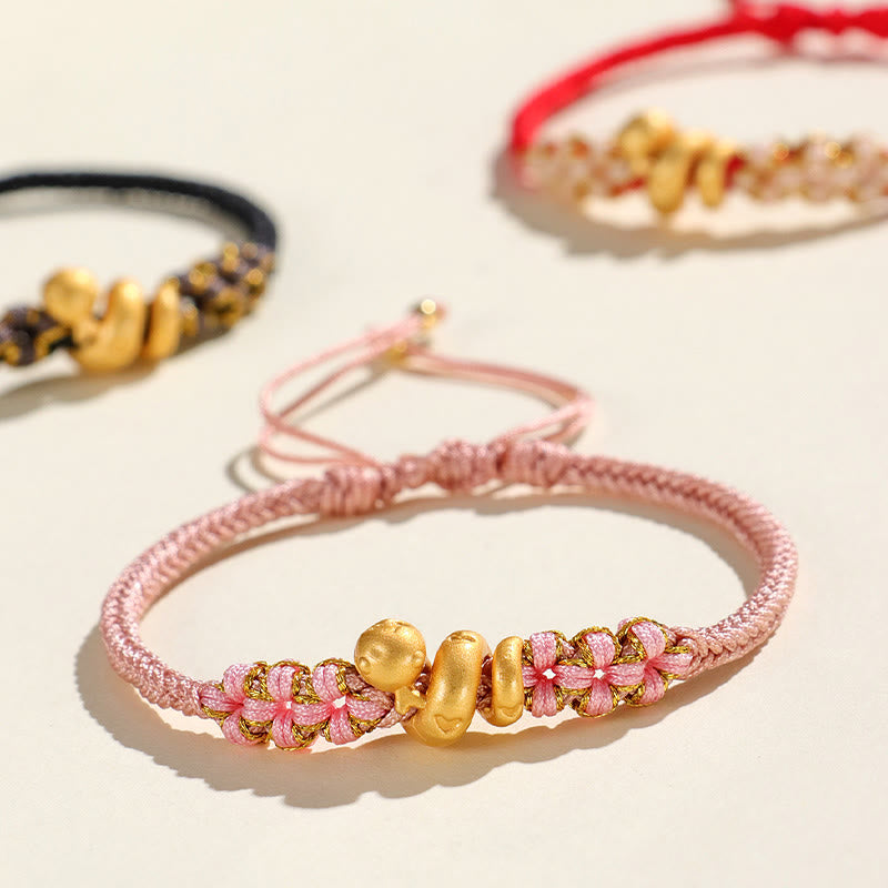 Buddha Stones Ręcznie robione 999 Srebro Sterling Rok Węża Czerwony Sznurek Serce Brzoskwiniowy Kwiat Bransoletka Szczęścia - image 1