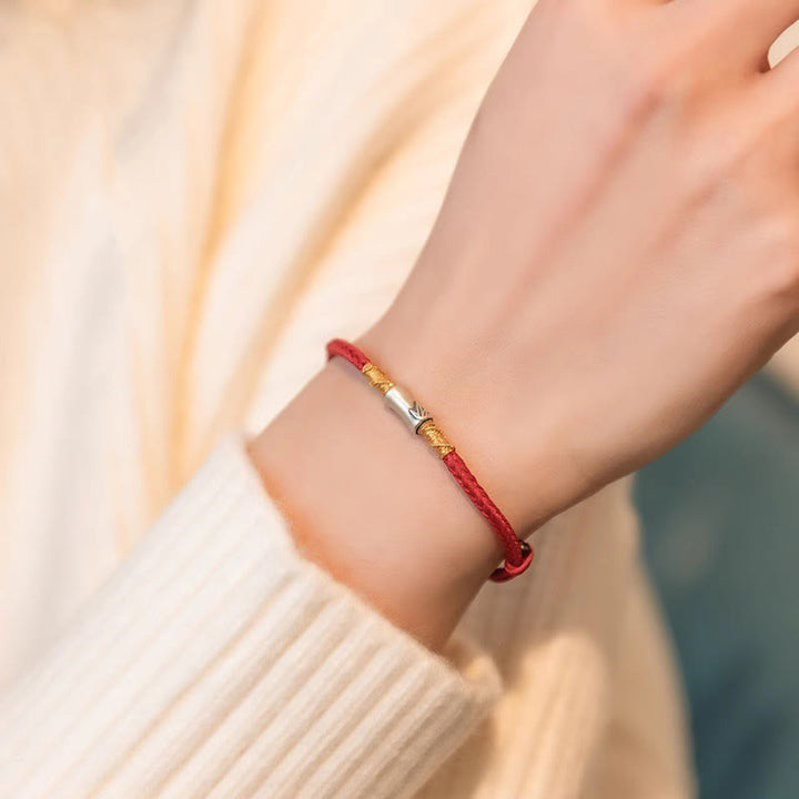 Bransoletka Buddha Stones wykonana ręcznie ze srebra próby 925, bambusa, czerwonego sznurka, pleciona, z motywem szczęścia