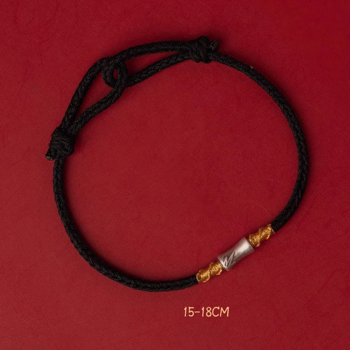 Bransoletka Buddha Stones wykonana ręcznie ze srebra próby 925, bambusa, czerwonego sznurka, pleciona, z motywem szczęścia