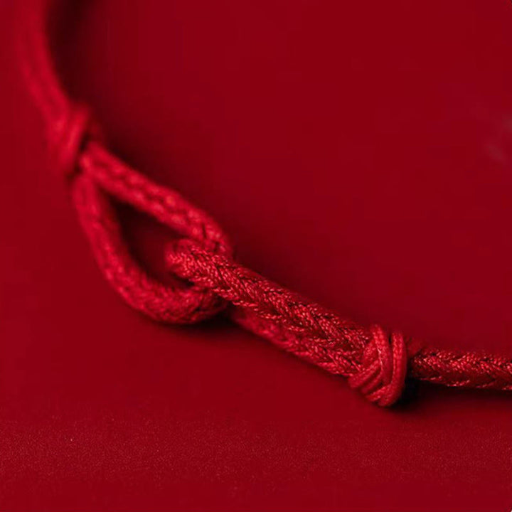 Bransoletka Buddha Stones wykonana ręcznie ze srebra próby 925, bambusa, czerwonego sznurka, pleciona, z motywem szczęścia