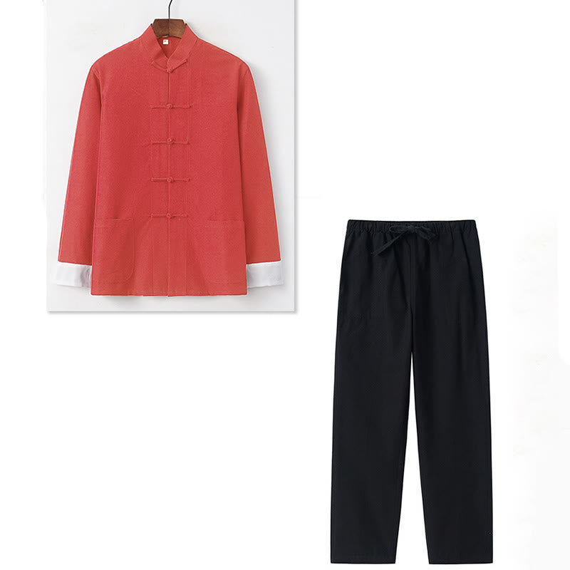 Buddha Stones 2 szt. Jesienny męski garnitur Tang z żabą i guzikami, bawełniana koszula z długim rękawem i spodniami - image 12