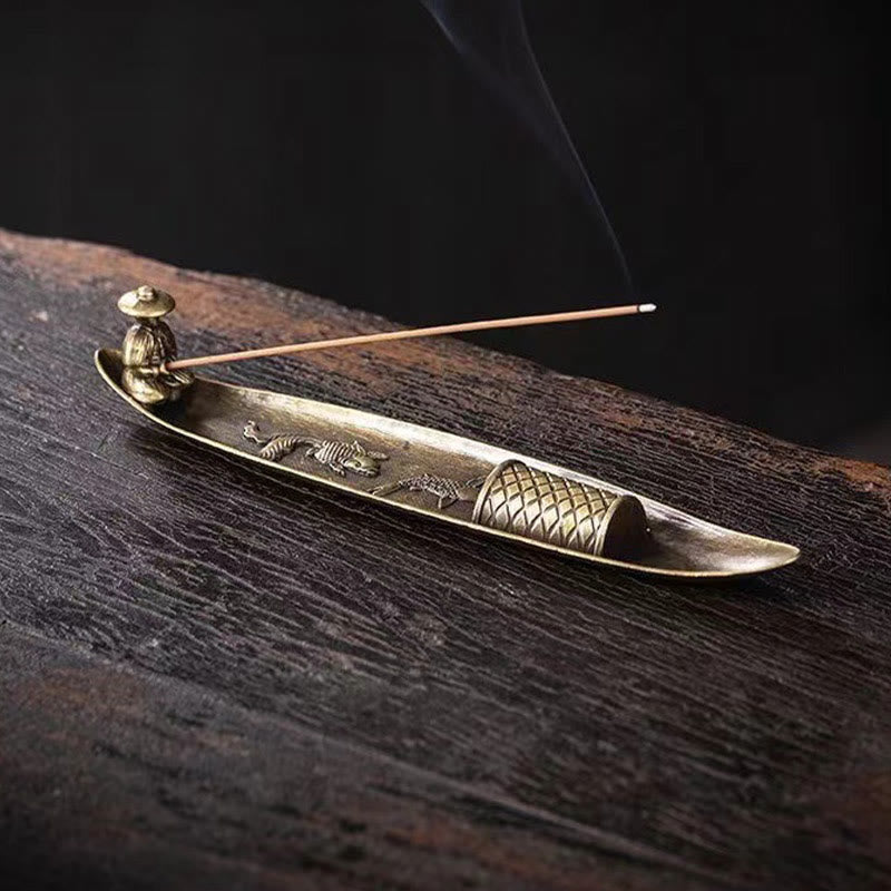 Buddha Stones Łódź rybaka Koi Ryba Stop cynkowy Uchwyt na kadzidełka Uzdrawiający palnik kadzideł Dekoracja