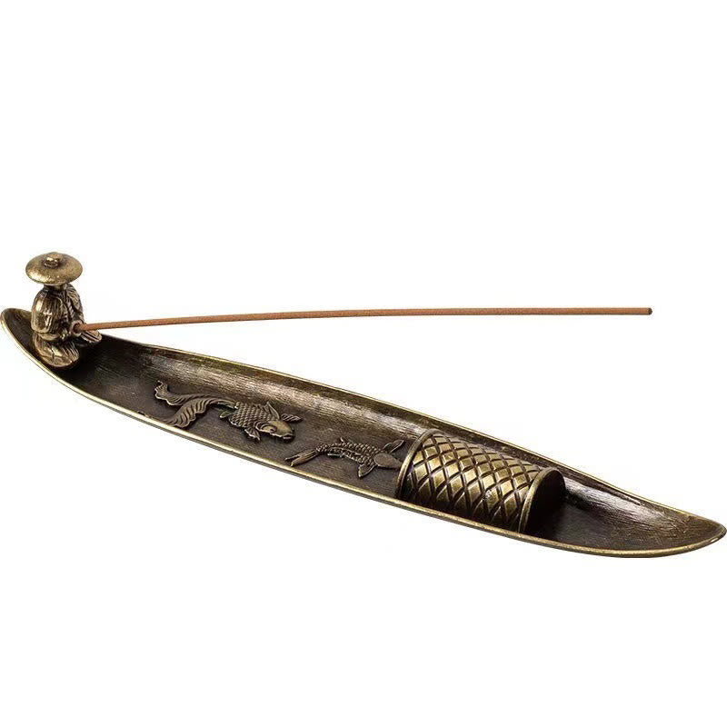 Buddha Stones Łódź rybaka Koi Ryba Stop cynkowy Uchwyt na kadzidełka Uzdrawiający palnik kadzideł Dekoracja