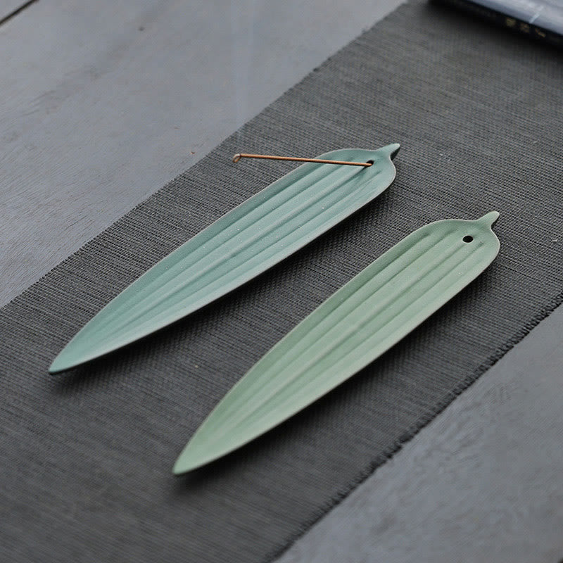 Buddha Stones Zielone Liście Bambusa Uzdrawiająca Ceramiczna Kadzielnica Dekoracja