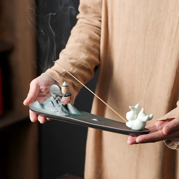 Buddha Stones Księżyc Królik PiXiu Góra Uzdrawiająca Ceramiczna Kadzielnica Dekoracja