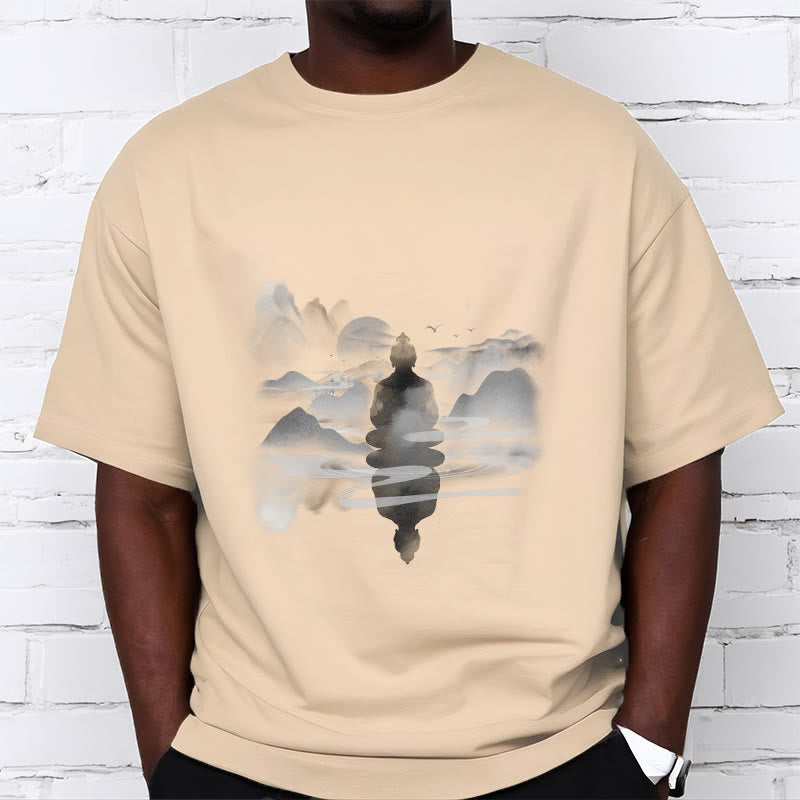 Buddha Stones Medytujący Budda Siedzący W Górach Wzór Bawełniana Koszulka T-shirt - image 18