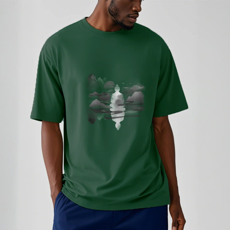 Buddha Stones Medytujący Budda Siedzący W Górach Wzór Bawełniana Koszulka T-shirt - image 12