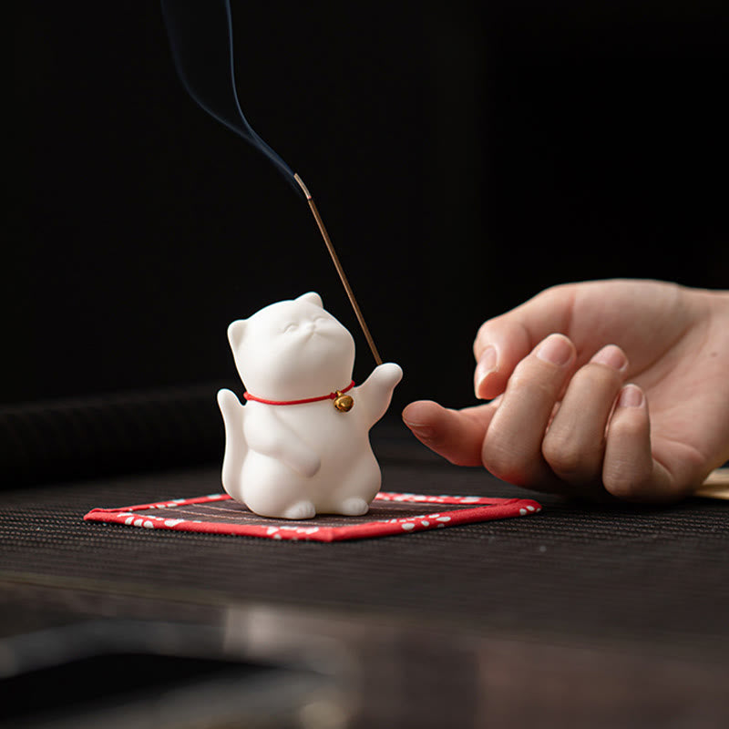 Buddha Stones Dzwonek Kot Bambusowa Mata Uzdrawiająca Ceramiczna Kadzielnica Dekoracja Biurka - image 2