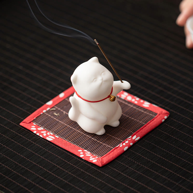 Buddha Stones Dzwonek Kot Bambusowa Mata Uzdrawiająca Ceramiczna Kadzielnica Dekoracja Biurka - image 5