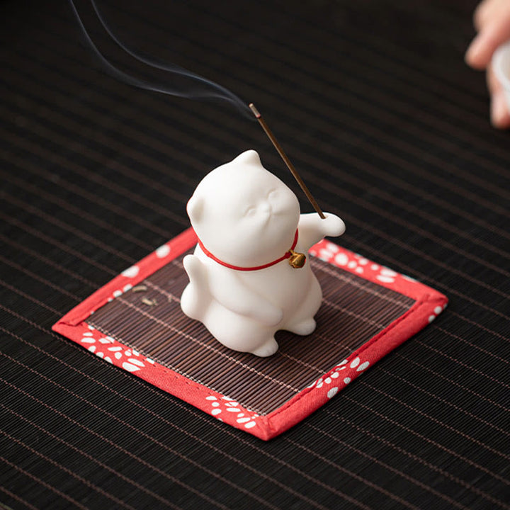 Buddha Stones Dzwonek Kot Bambusowa Mata Uzdrawiająca Ceramiczna Kadzielnica Dekoracja Biurka - image 5