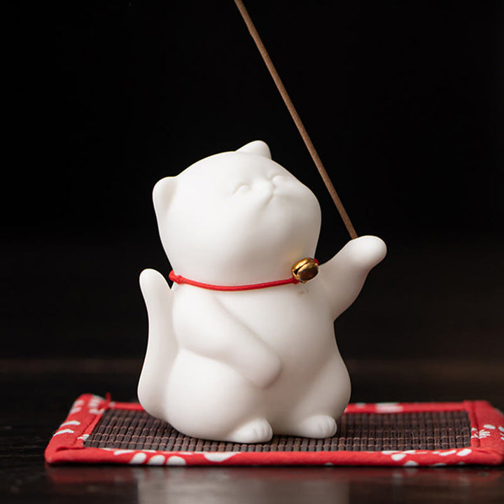 Buddha Stones Dzwonek Kot Bambusowa Mata Uzdrawiająca Ceramiczna Kadzielnica Dekoracja Biurka - image 7