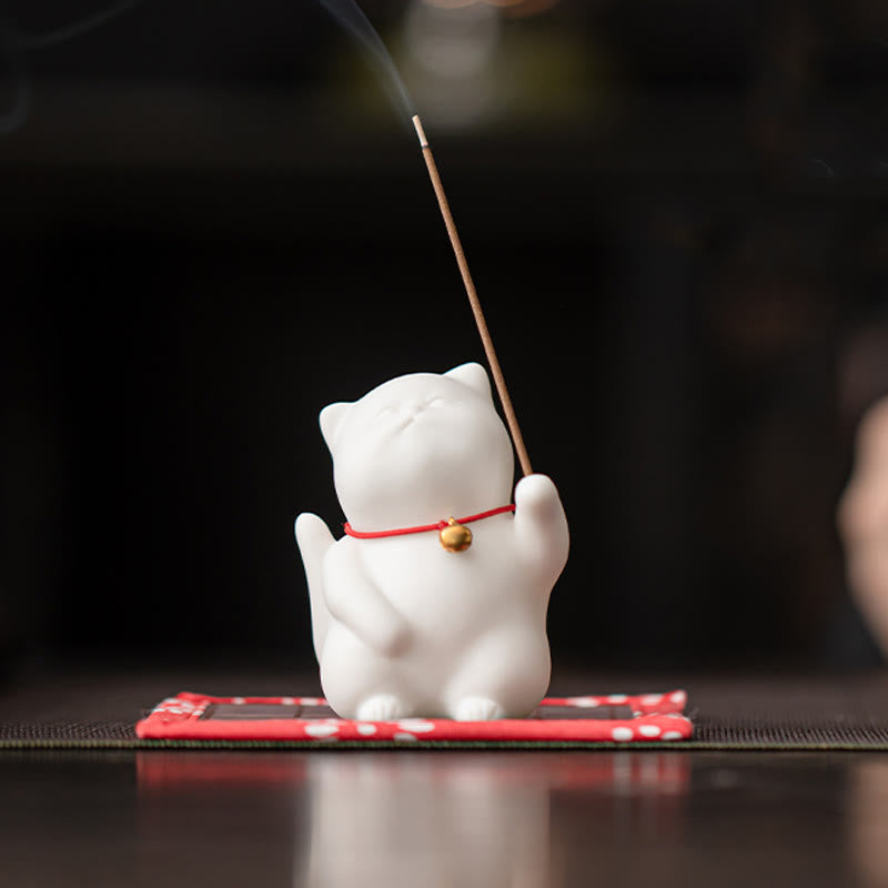 Buddha Stones Dzwonek Kot Bambusowa Mata Uzdrawiająca Ceramiczna Kadzielnica Dekoracja Biurka - Mata bambusowa Cat Bell 6,8*4,7*5 cm - image 1