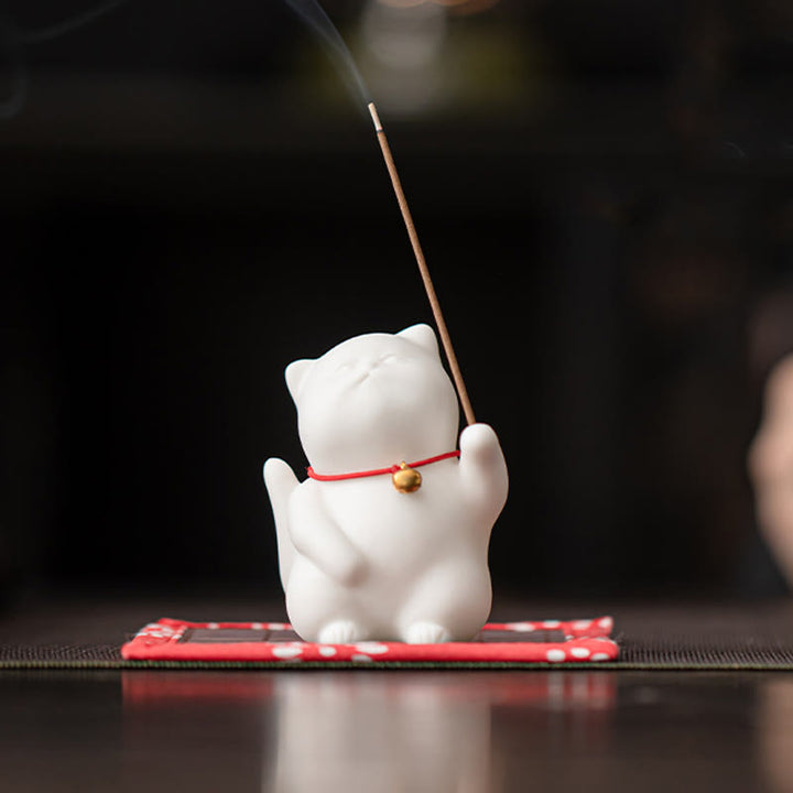 Buddha Stones Dzwonek Kot Bambusowa Mata Uzdrawiająca Ceramiczna Kadzielnica Dekoracja Biurka - Mata bambusowa Cat Bell 6,8*4,7*5 cm - image 1