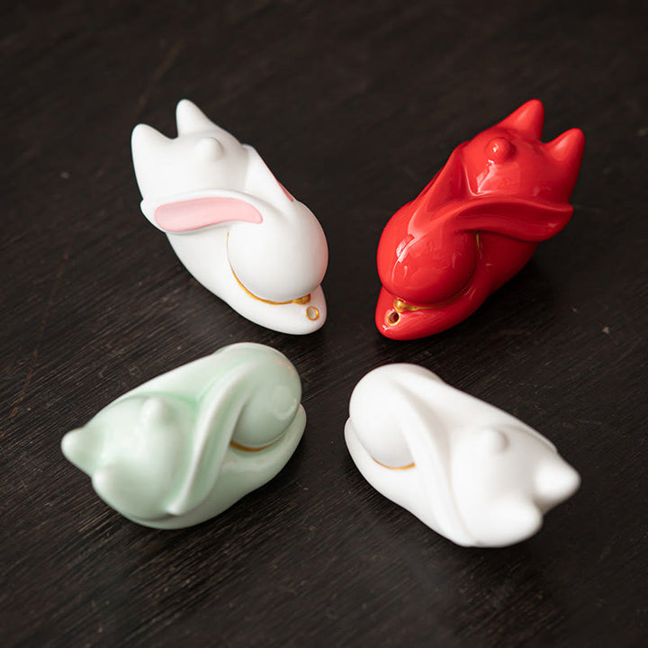 Buddha Stones Latający Królik Bambusowa Mata Uzdrawiająca Ceramiczna Kadzielnica Dekoracja Biurka