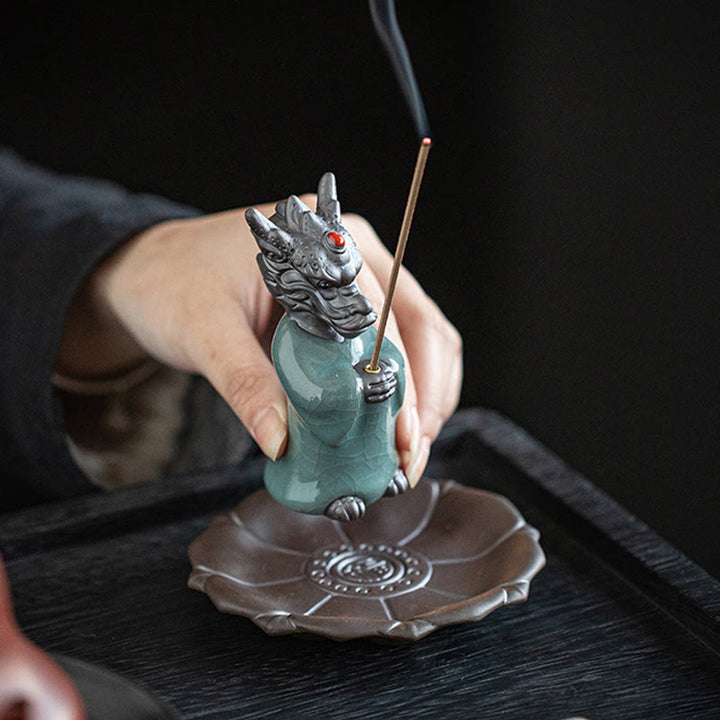 Buddha Stones Modlący się Król Smoków Podstawa Lotosu Fu Charakter Ceramiczny Uzdrawiający Kadzielnica Dekoracja Biurka