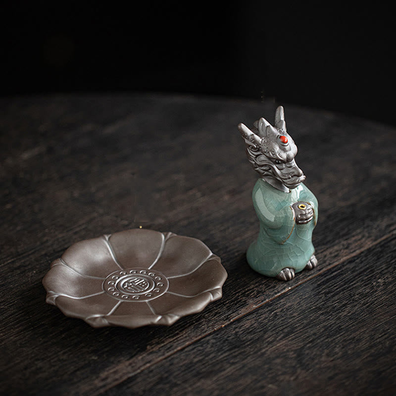 Buddha Stones Modlący się Król Smoków Podstawa Lotosu Fu Charakter Ceramiczny Uzdrawiający Kadzielnica Dekoracja Biurka