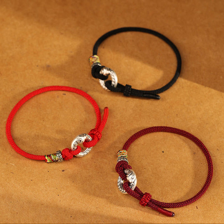 Buddha Stones Czerwony Sznur 999 Srebro Sterlingowe Klamra Pokoju Moneta Rok Węża Bransoletka Siły