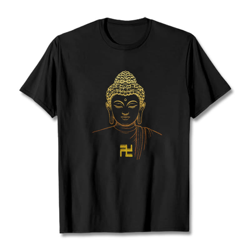 Buddha Stones Swastyka Wzór Złoty Budda Bawełniana Koszulka T-shirt - Czarny - 2XL - image 5