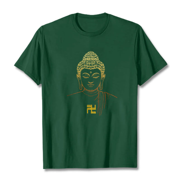Buddha Stones Swastyka Wzór Złoty Budda Bawełniana Koszulka T-shirt - ForestGreen - 2XL - image 9