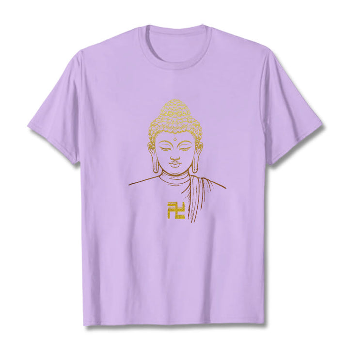 Buddha Stones Swastyka Wzór Złoty Budda Bawełniana Koszulka T-shirt - Śliwka - 2XL - image 15