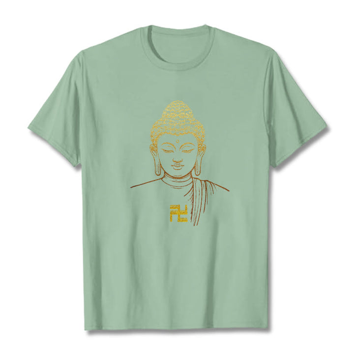 Buddha Stones Swastyka Wzór Złoty Budda Bawełniana Koszulka T-shirt - PaleGreen - 2XL - image 13