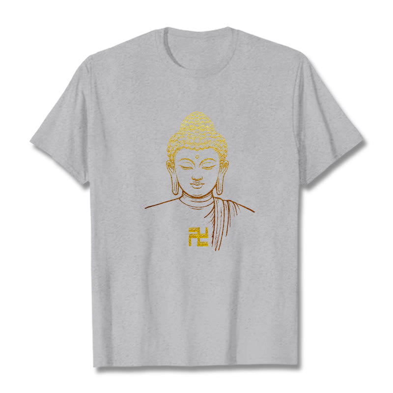 Buddha Stones Swastyka Wzór Złoty Budda Bawełniana Koszulka T-shirt - Jasnoszary - 2XL - image 18
