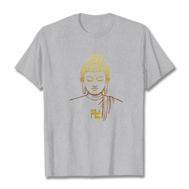 Buddha Stones Swastyka Wzór Złoty Budda Bawełniana Koszulka T-shirt - Jasnoszary - 2XL - image 18