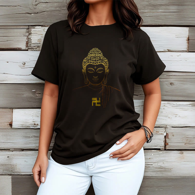 Buddha Stones Swastyka Wzór Złoty Budda Bawełniana Koszulka T-shirt - image 8