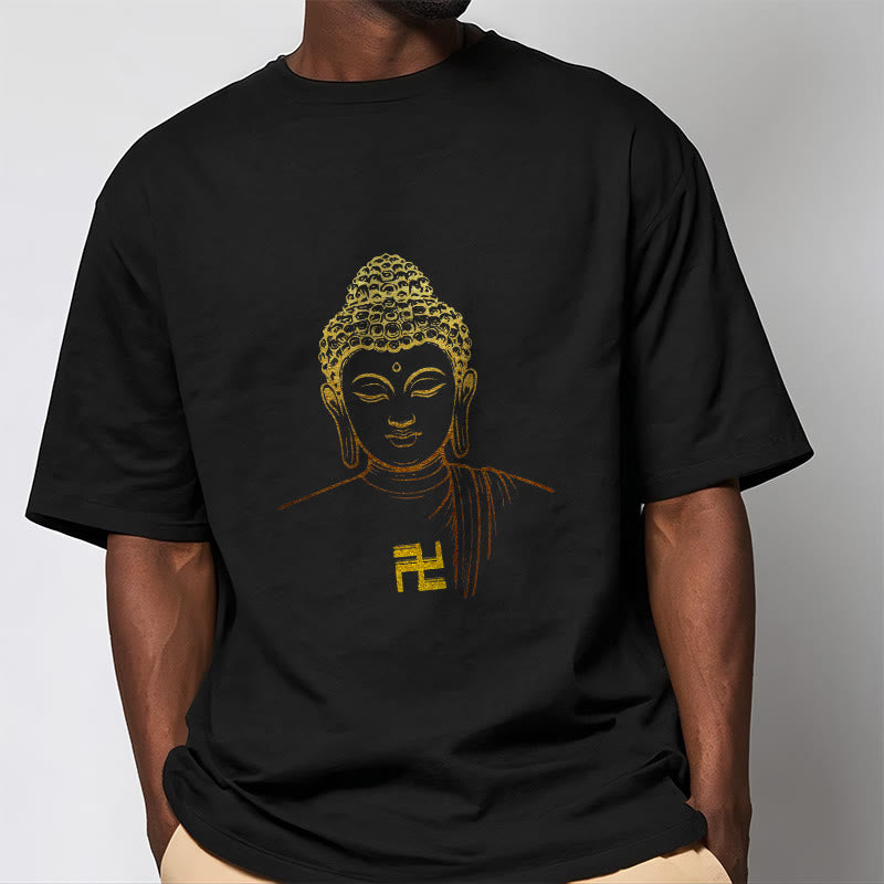 Buddha Stones Swastyka Wzór Złoty Budda Bawełniana Koszulka T-shirt - image 6