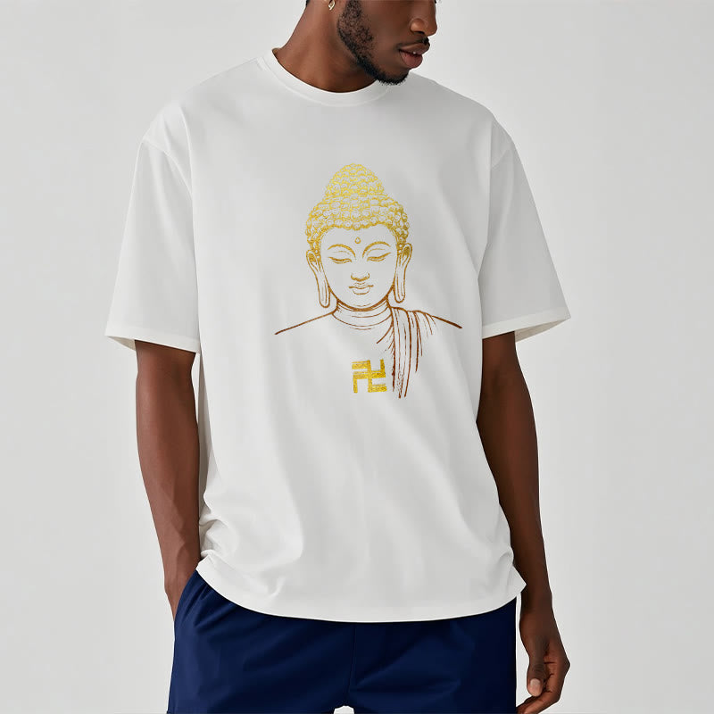 Buddha Stones Swastyka Wzór Złoty Budda Bawełniana Koszulka T-shirt - image 3