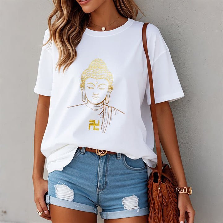 Buddha Stones Swastyka Wzór Złoty Budda Bawełniana Koszulka T-shirt - image 2