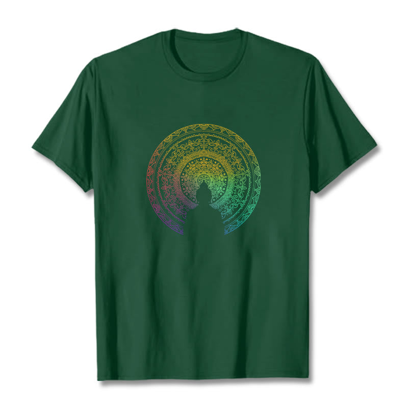 Buddha Stones Kolorowy Gradient Mandala Budda Bawełniana Koszulka T-shirt - ForestGreen - 2XL - image 6