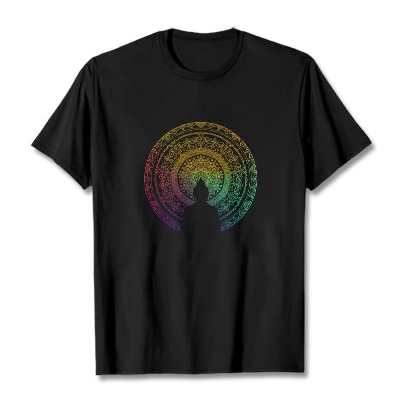 Buddha Stones Kolorowy Gradient Mandala Budda Bawełniana Koszulka T-shirt - Czarny - 2XL - image 1