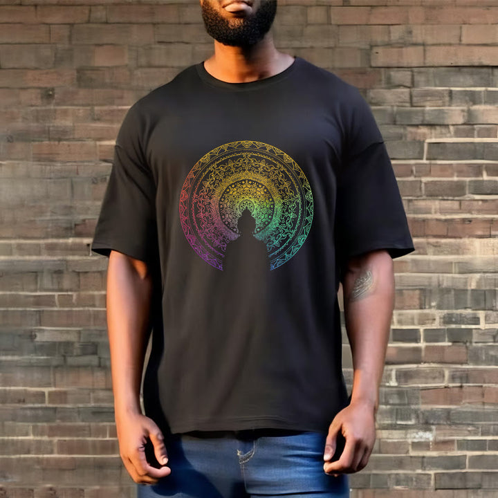 Buddha Stones Kolorowy Gradient Mandala Budda Bawełniana Koszulka T-shirt - image 3