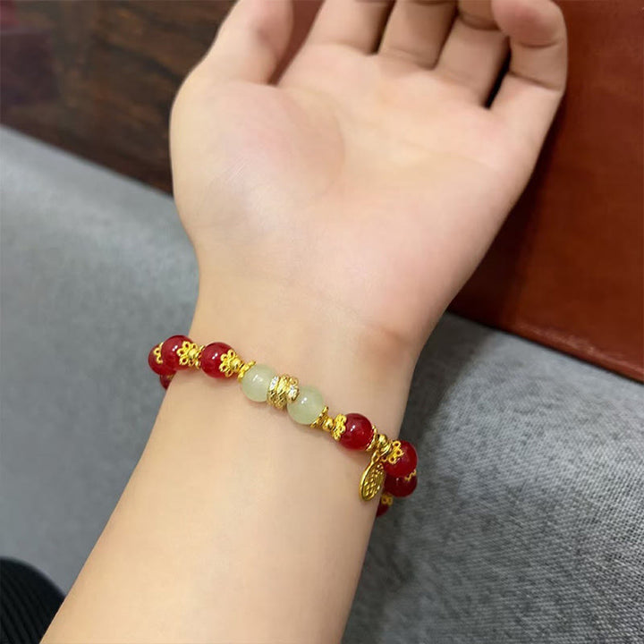 Buddha Stones Czerwony Agat Jadeit Fu Charakter Bransoletka Rok Węża Spokój